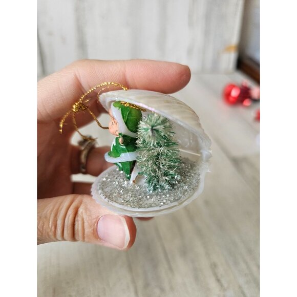 Antique elf clam shell ornament diorama pixie tree sparkle Xmas vintage tree - Picture 2 of 10